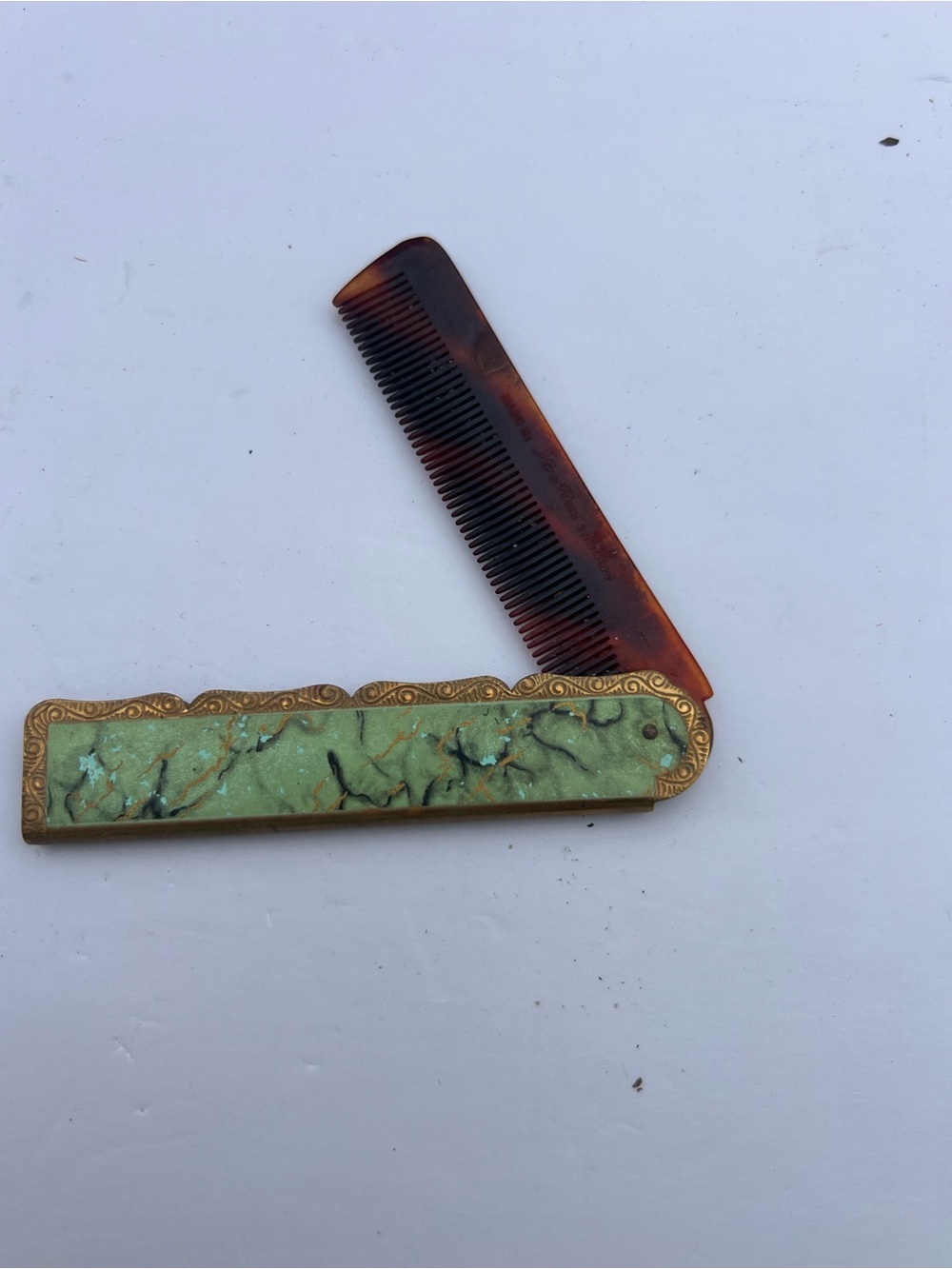 Vintage 1950s Stratton England Folding Pocket Comb Green Marbled Vanity Accessor